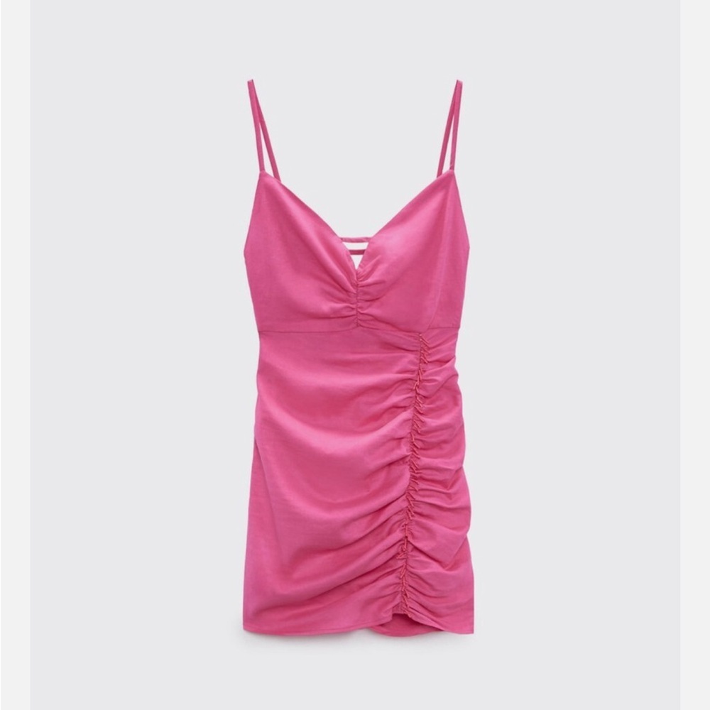 Zara Pink Draped Beaded Linen Blend Dress - Picture 10 of 10